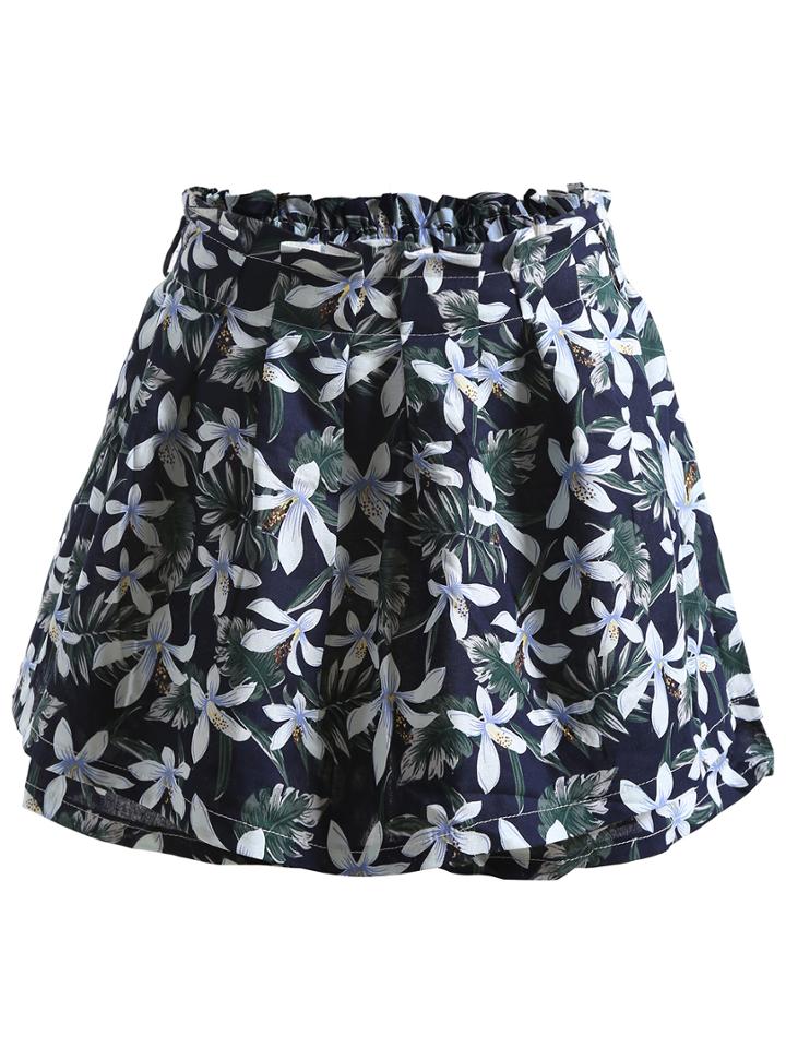 Romwe Elastic Waist Flower Print Shorts