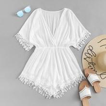 Romwe Surplice Fringe Hem Plain Jumpsuit