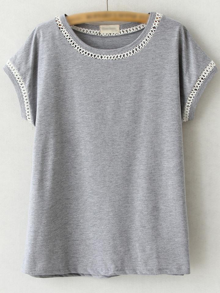 Romwe Grey Short Sleeve Hollow Out Casual T-shirt