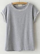 Romwe Grey Short Sleeve Hollow Out Casual T-shirt