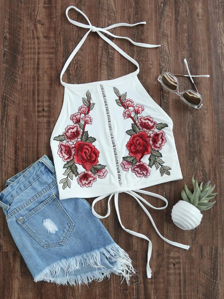 Romwe Tie Detail Appliques Crop Halter Top