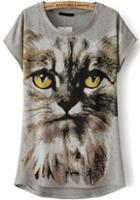 Romwe Cat Print Round Neck Slim T-shirt