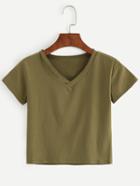Romwe Olive Green V Neck Crop T-shirt