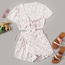 Romwe Ditsy Floral Tie Front Blouse With Knot Wrap Skort