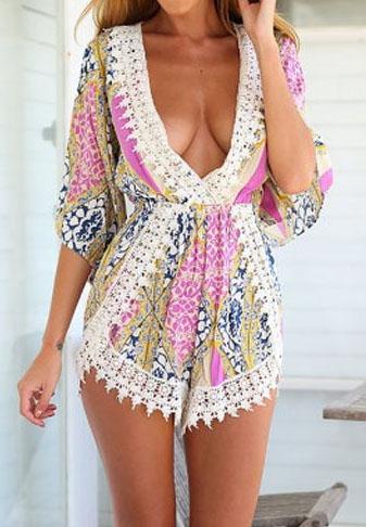 Romwe Deep Plunge Neck Florals With Lace Crochet Jumpsuit
