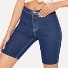 Romwe Dark Wash Skinny Frayed Hem Denim Shorts