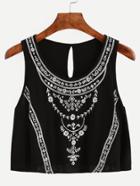 Romwe Black Embroidered Buttoned Keyhole Back Tank Top