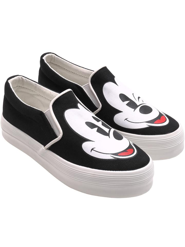 Romwe Black Mickey Print Thick-soled Flats