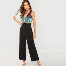 Romwe Sequin Wrap Bodice Jumpsuit