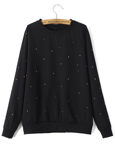 Romwe Black Round Neck Bead Loose Sweatshirt