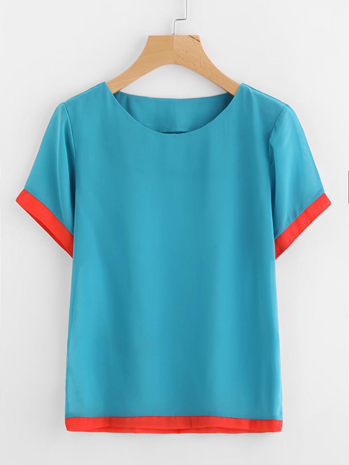 Romwe Contrast Trim Chiffon Blouse