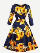 Romwe Random Sunflower Print Bow Tie Circle Dress