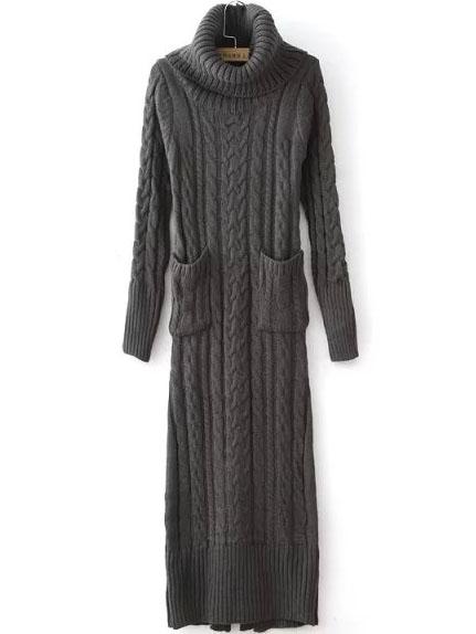 Romwe Turtleneck Long Sleeve Cable Knit Grey Sweater Dress