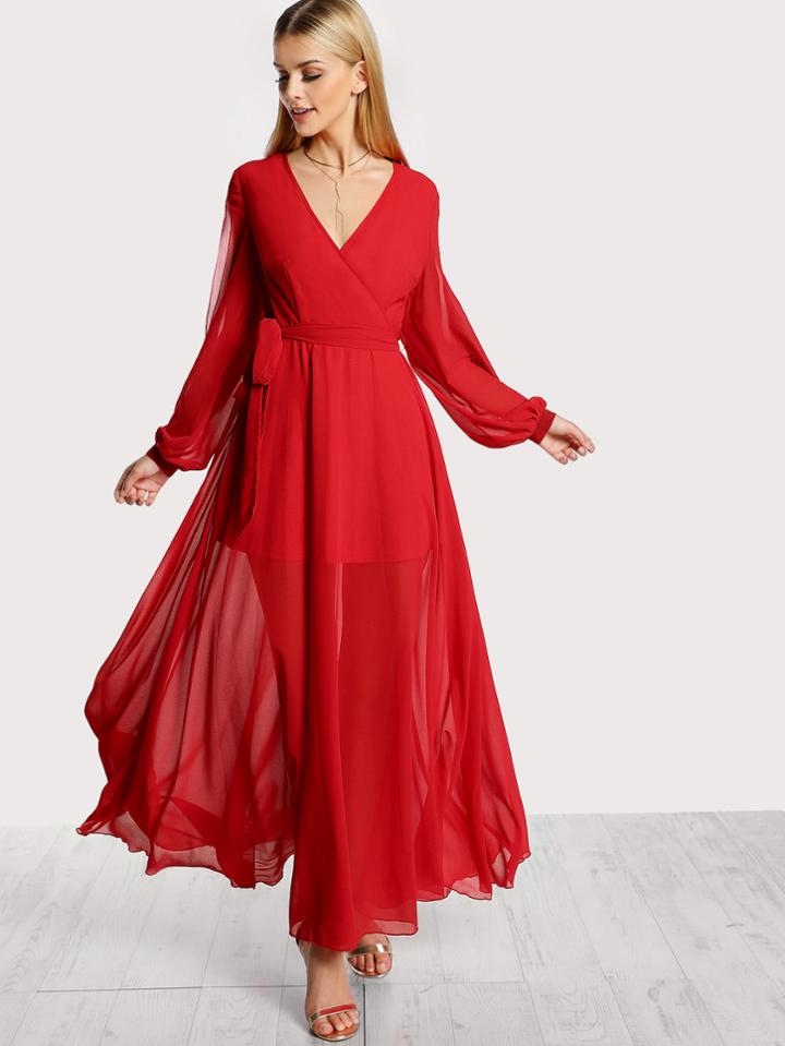 Romwe Cutout Lantern Sleeve Surplice Wrap Flowy Dress