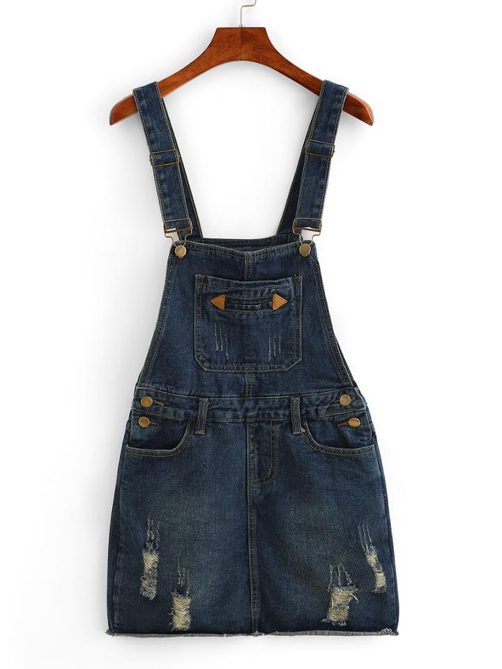 Romwe Straps Ripped Denim Pocket Dress