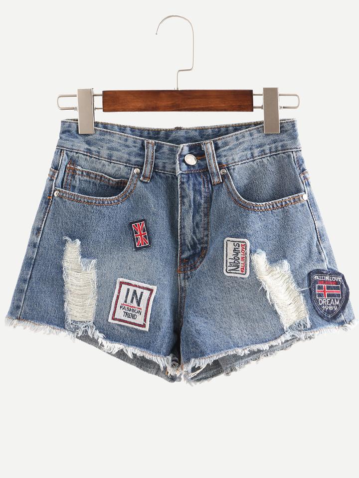 Romwe Blue Ripped Patch Denim Shorts