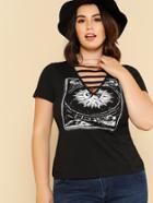 Romwe Ladder Strap V Neck Graphic T-shirt