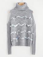 Romwe Open Shoulder Contrast Sequin Jumper
