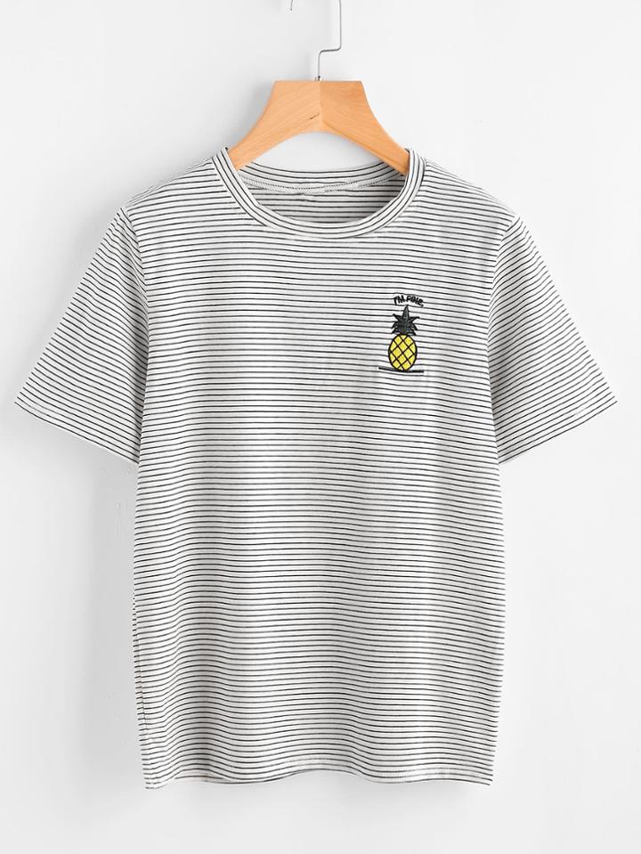 Romwe Pineapple Embroidered Striped Tee