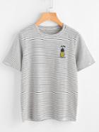 Romwe Pineapple Embroidered Striped Tee