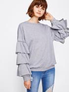 Romwe Tiered Frill Sleeve Marled Sweatshirt