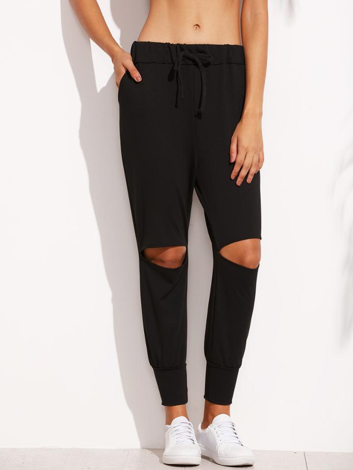 Romwe Black Knee Ripped Drawstring Peg Pants