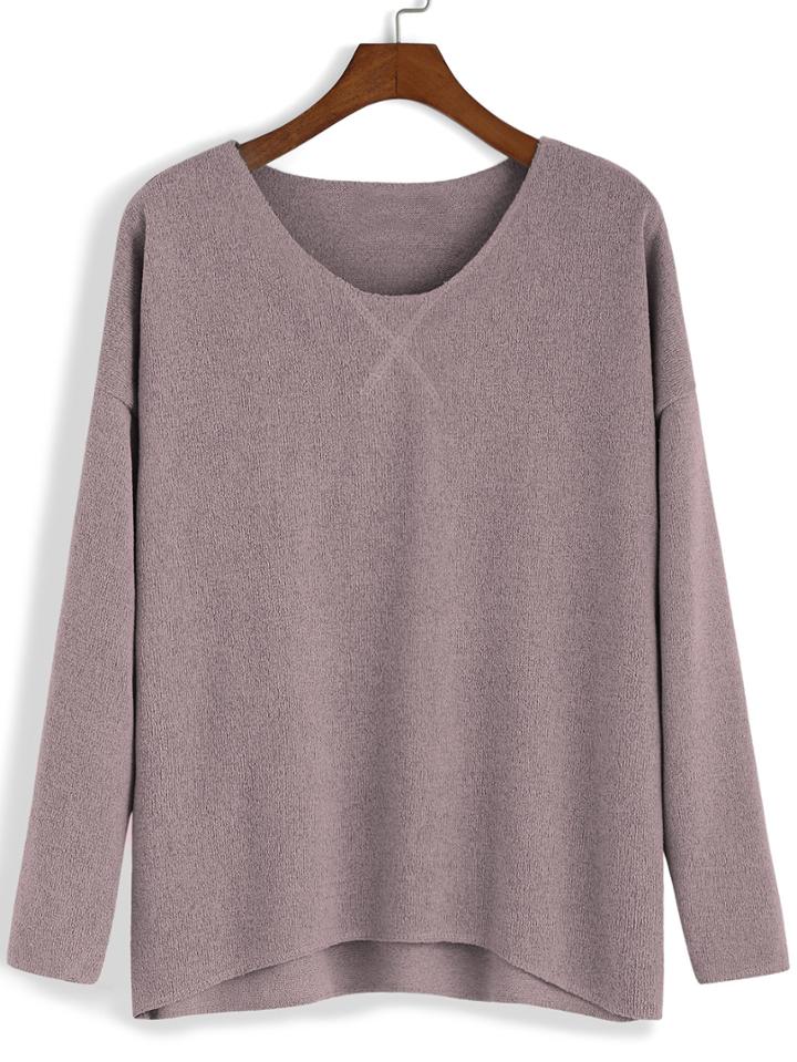 Romwe Long Sleeve Dip Hem Dark Pink T-shirt