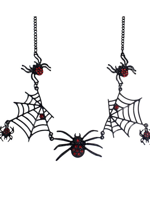 Romwe Gothic Rhinestone Black Spider Net Statement Necklace