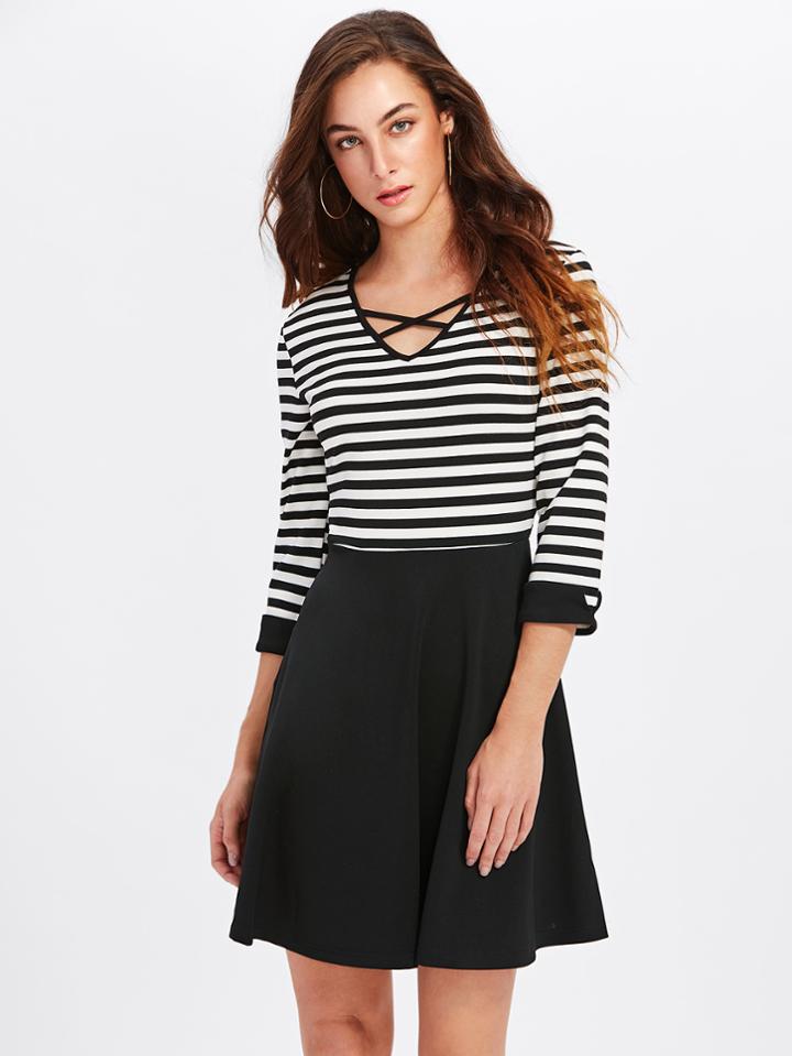 Romwe Crisscross Neck Combo Tee Dress