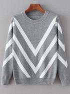 Romwe Crew Neck Chevron Print Grey Knitwear