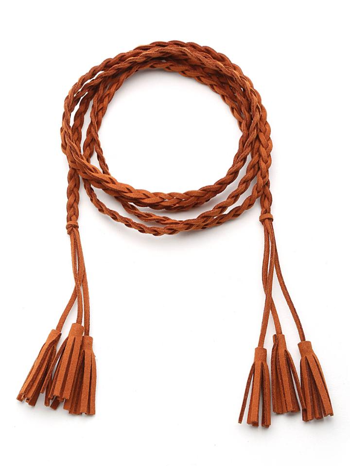 Romwe Braided Tie Belt With Tassel