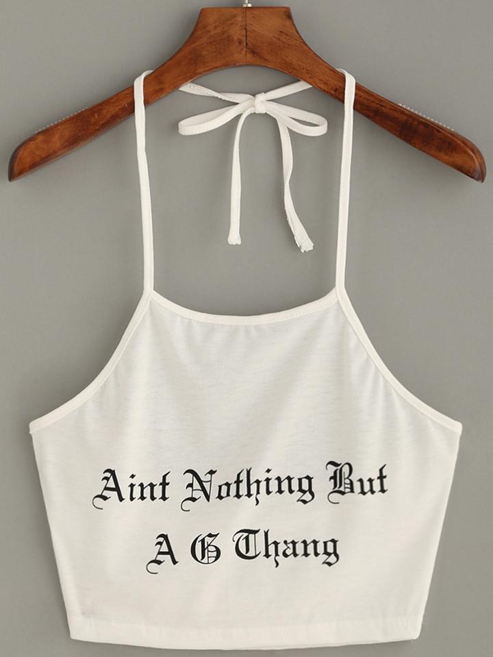 Romwe White Letter Print Crop Halter Neck Top