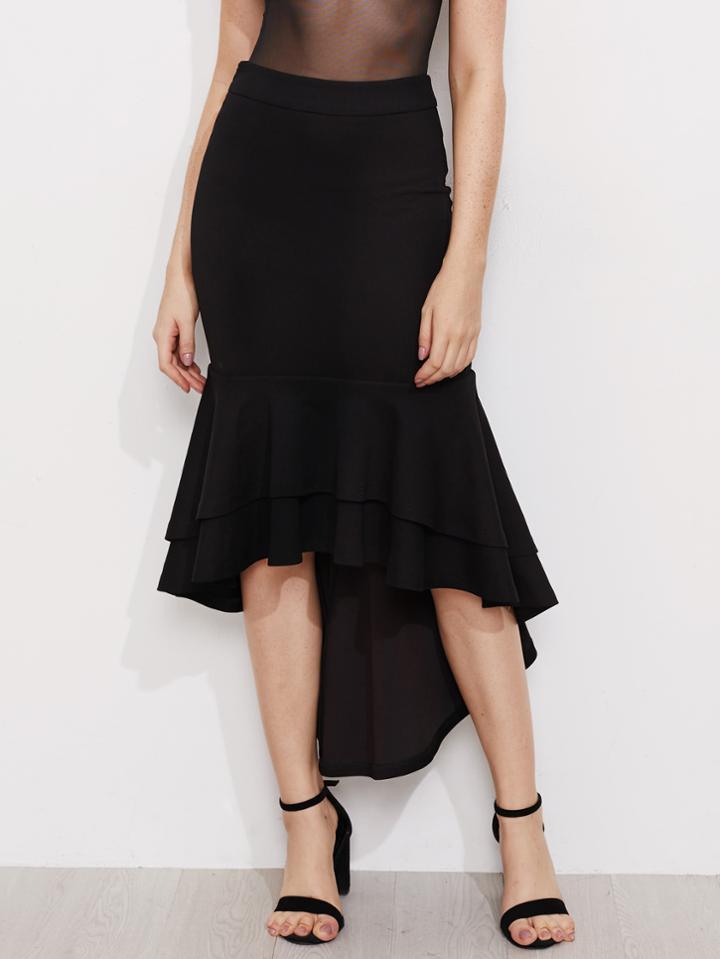 Romwe Layered Flounce Trim Hi Lo Fishtail Skirt