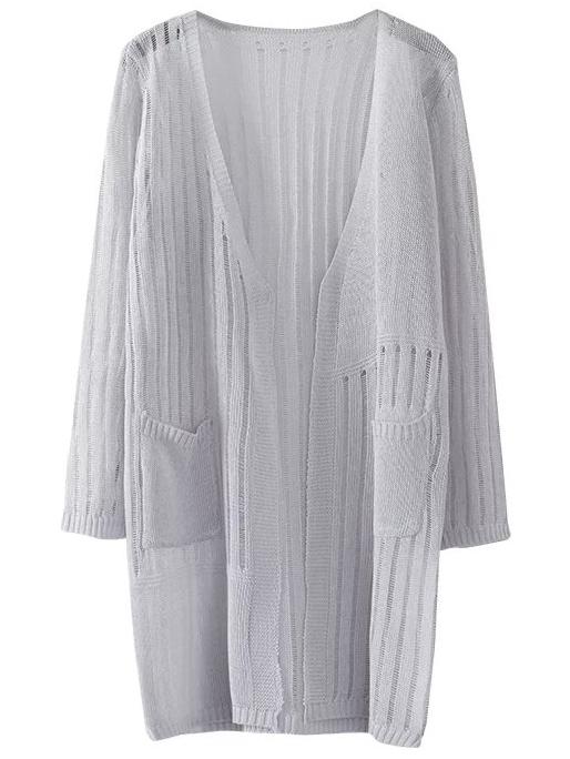 Romwe Grey Long Sleeve Pocket Cardigan