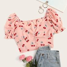 Romwe Fruit Print Crop Blouse