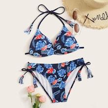 Romwe Random Tropical Print Halter Top With Tie Side Bikini