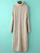 Romwe Beige Cable Knit Turtleneck Slit Maxi Sweater Dress