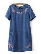 Romwe Blue Embroidery Pocket Zipper Back Denim Dress