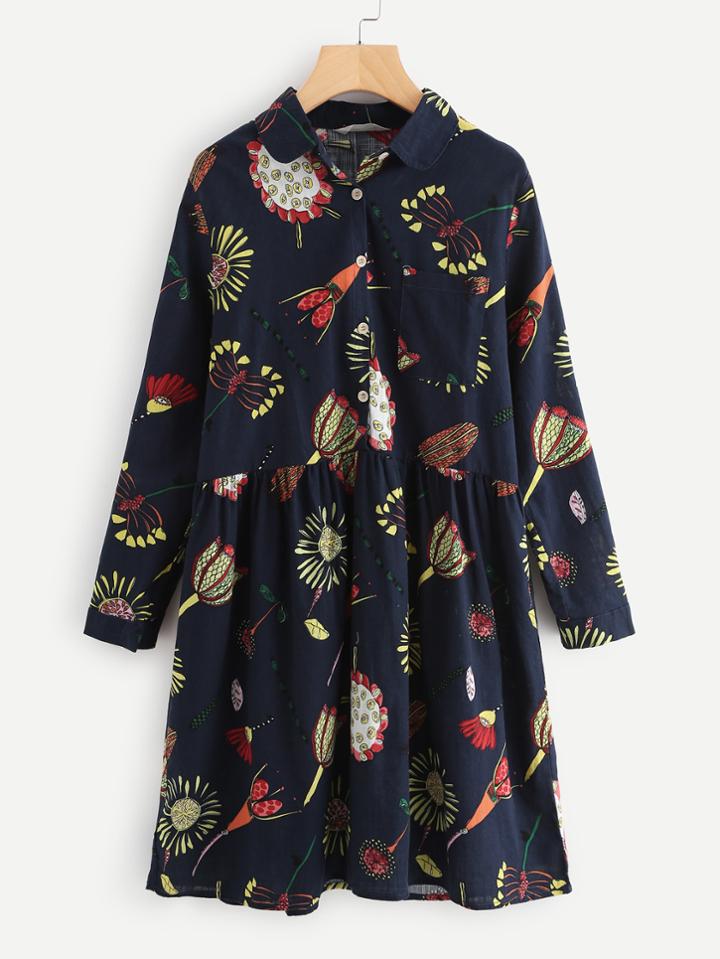 Romwe Floral Print Smock Shirt Dress