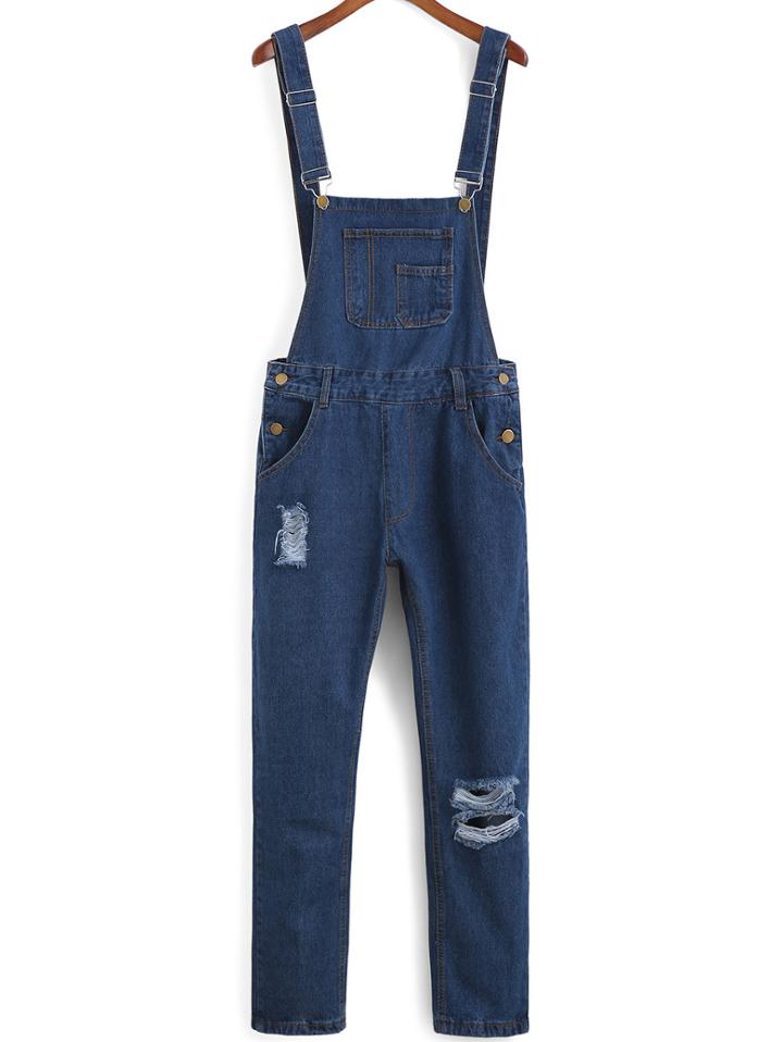Romwe Straps Ripped Denim Blue Jumpsuit
