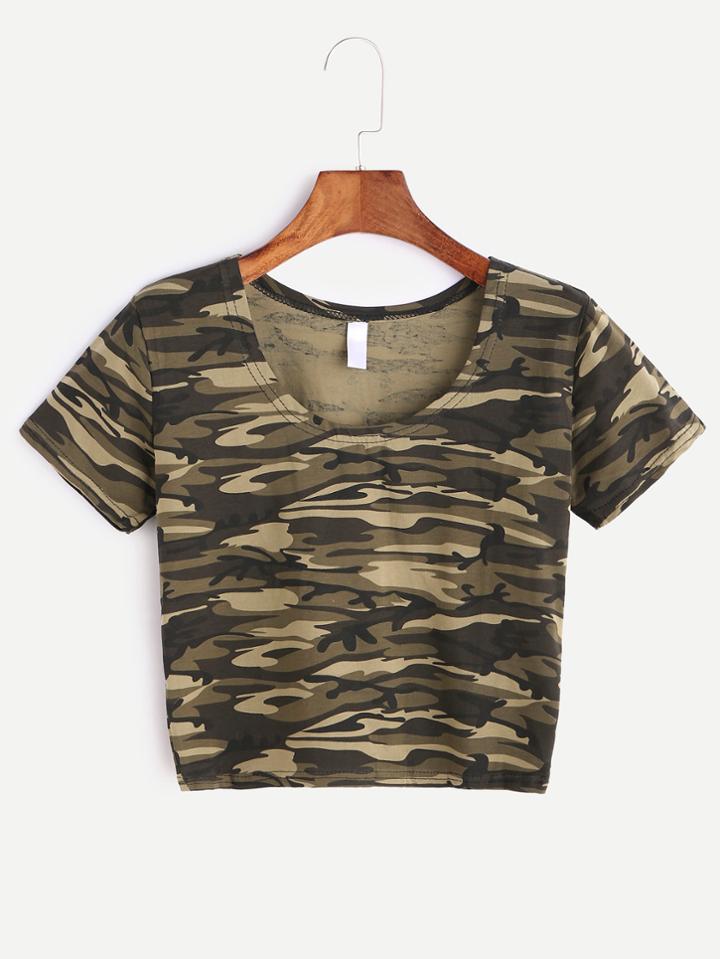Romwe Camo Print Short Sleeve Crop T-shirt