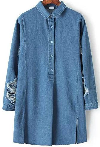 Romwe Blue Lapel Long Sleeve Ripped Denim Dress