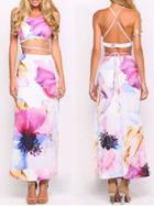 Romwe Criss Cross Back Crop Top With Florals Skirt