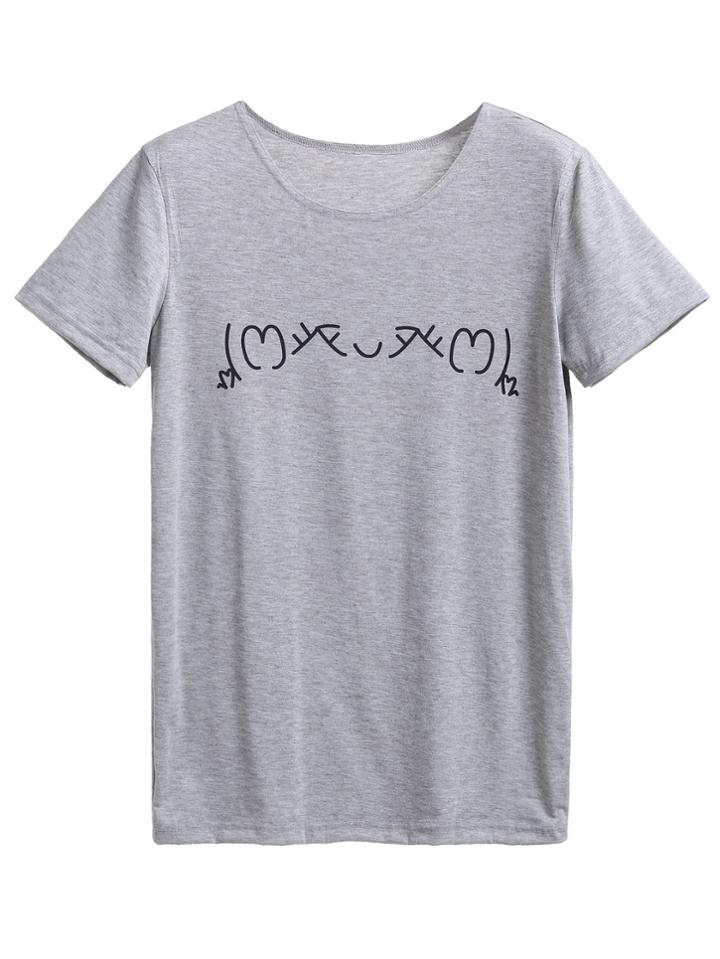 Romwe Heather Grey Printed Casual T-shirt