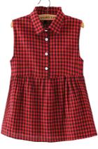 Romwe Lapel With Buttons Plaid Red Tank Top