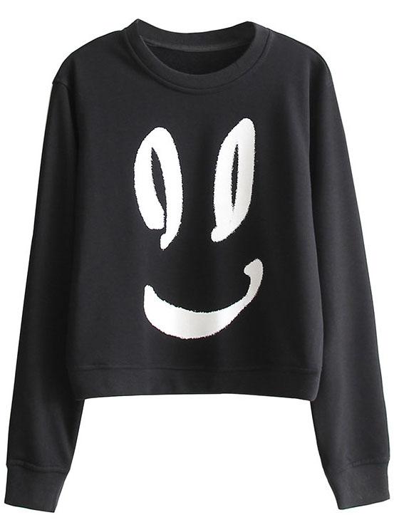 Romwe Black Smile Face Print Sweatshirt
