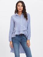 Romwe Dip Hem Single Breasted Tiered Striped Top