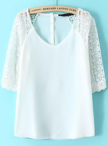 Romwe White V Neck Hollow Lace Sleeve Blouse