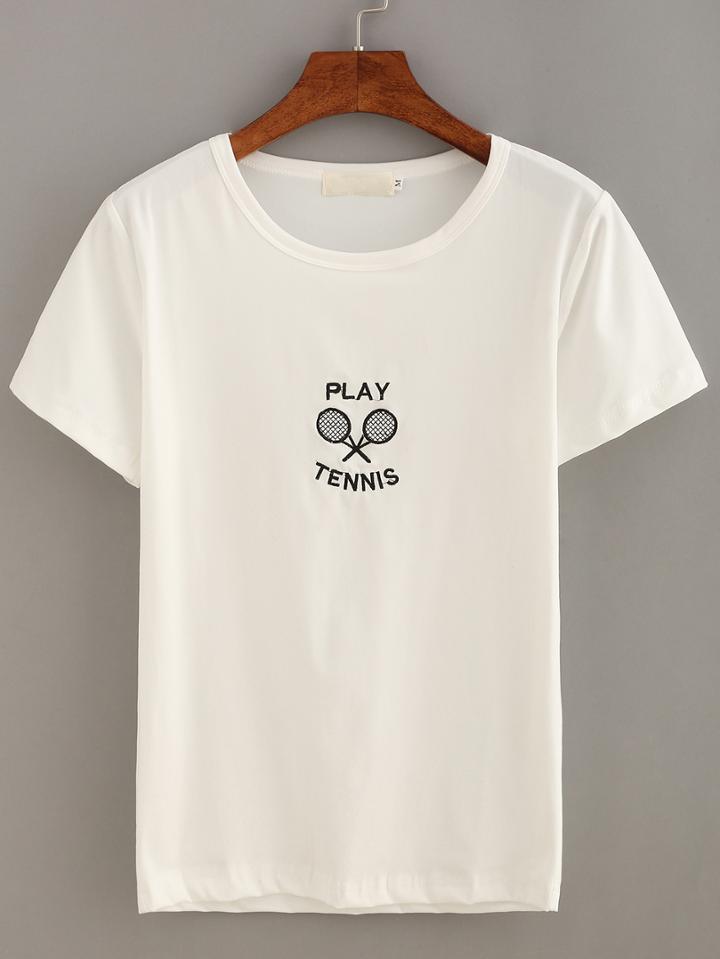 Romwe Tennis Racket Embroidered T-shirt
