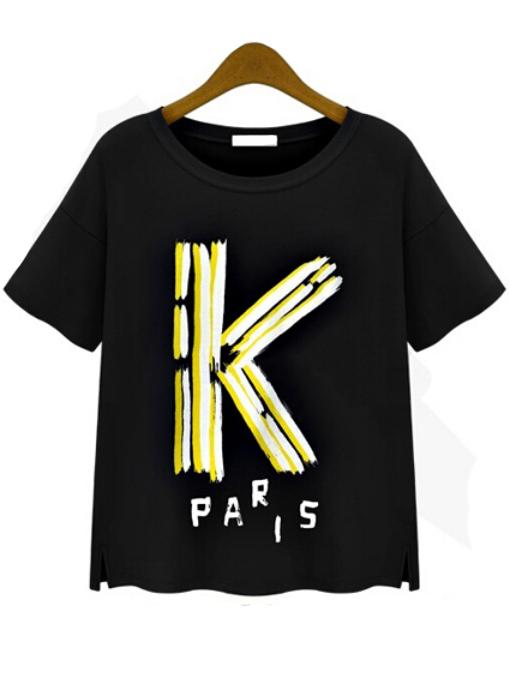 Romwe K Paris Print Loose Black T-shirt